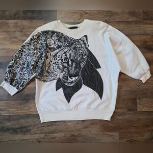 Extravaganza Vintage 80's Women's White Glitter Leopard Sweatshirt Tee Size L